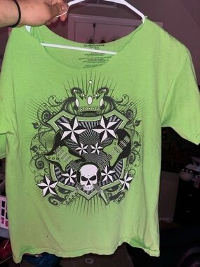 Off the sholder y2k Audio Council Neon Green Graphic Tee with Skull & Guitars